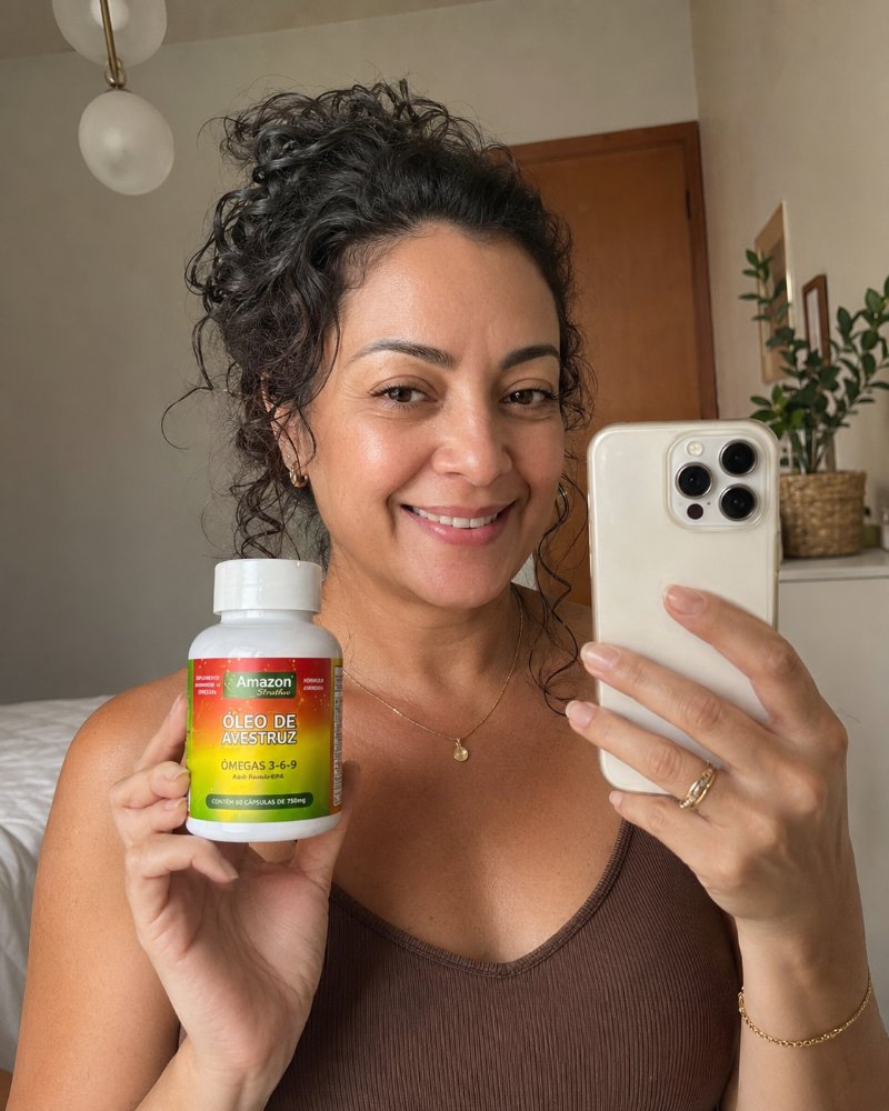 Mulher de 50 anos sorrindo com o Óleo de Avestruz ômegas 3-6-9